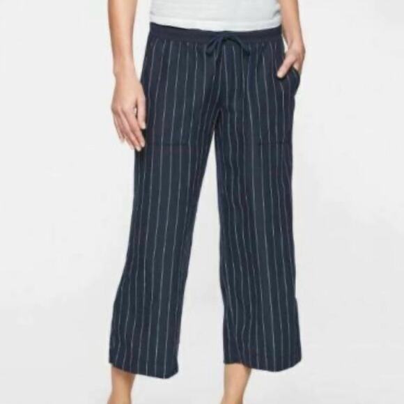 ATHLETA Blue White Stripe Bali Linen Crop Capri Wide Leg‎ Pants Bottoms Size 0 - Picture 1 of 12